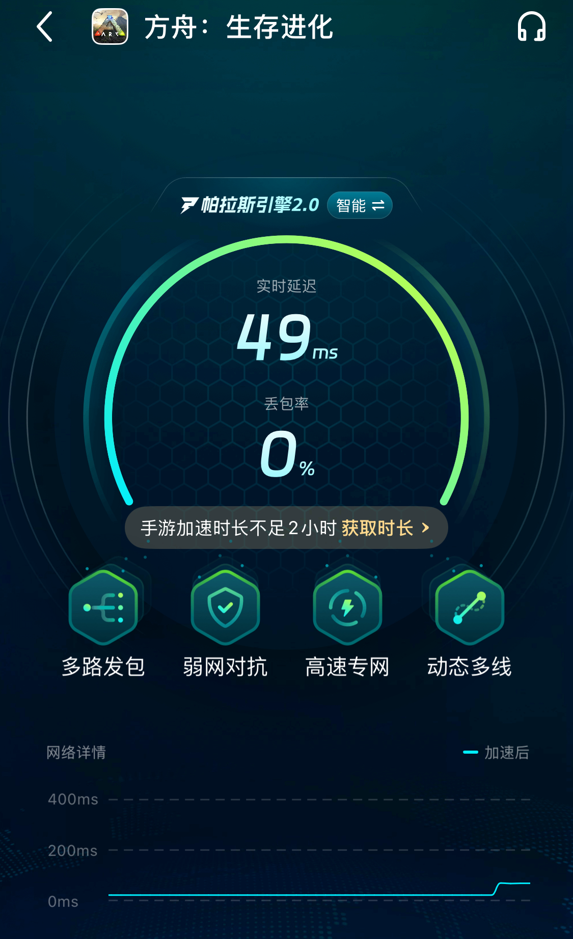 biubiu加速器方舟生存进化手游加速界面实拍