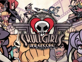 Skullgirls 2nd Encore 游戏界面截图，突出手绘风格与多角色对战场景