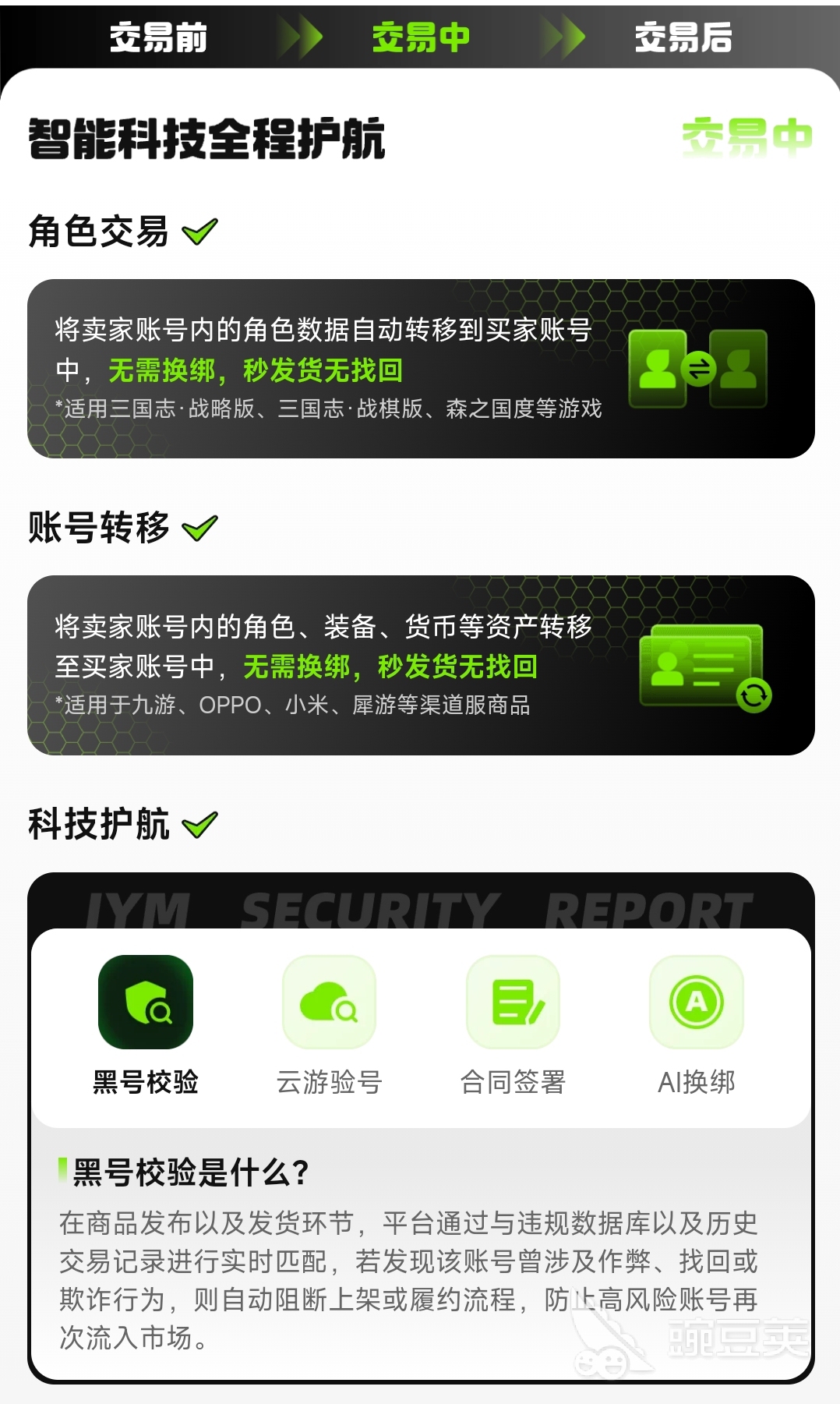 交易猫APP原神账号交易流程图：验号-支付-换绑-交付全流程示意